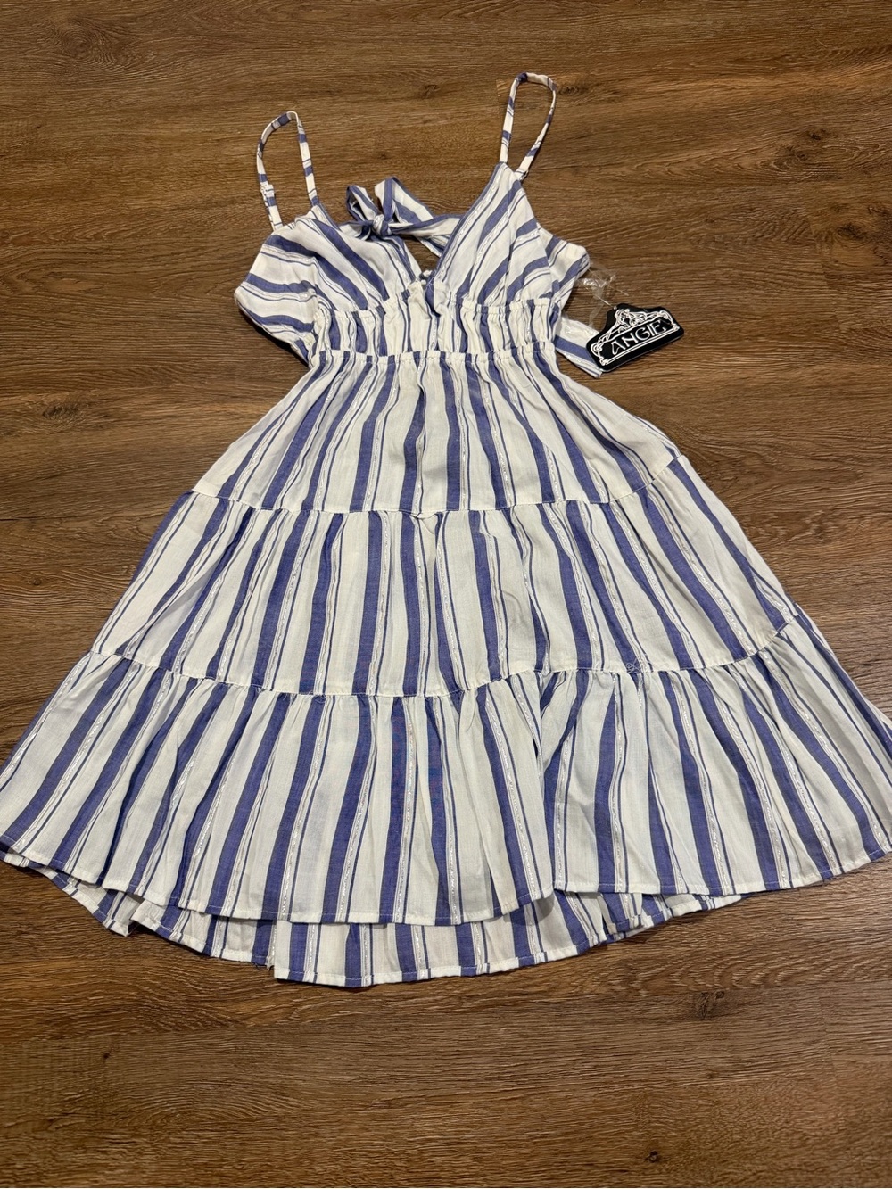 Angie Blue White Striped Tiered Sundress Metallic Lurex Tie Front Boho NWT S - Picture 2 of 9